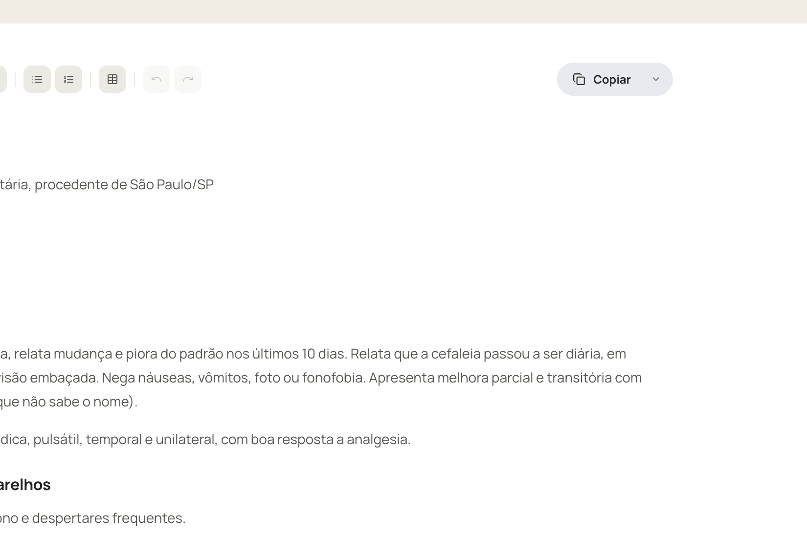 Botão Copiar do editor da Lura sobre a nota clínica revisada