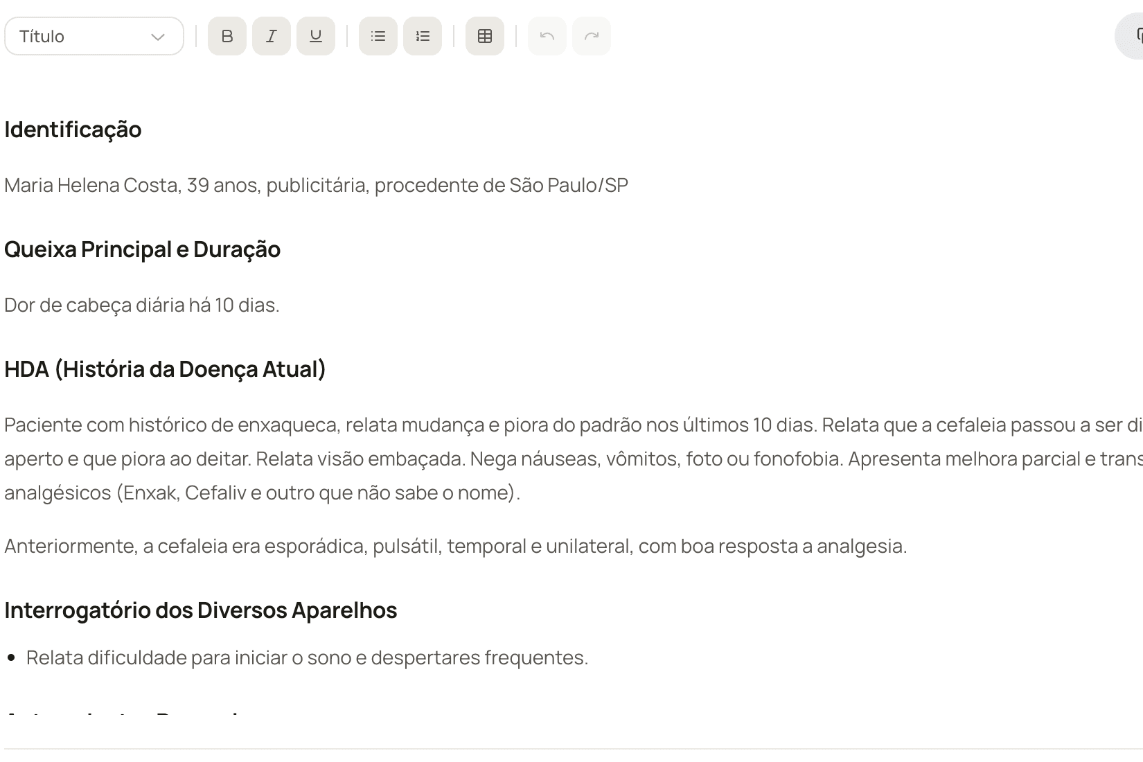 Nota clínica estruturada no editor da Lura: identificação, queixa principal e história da doença atual